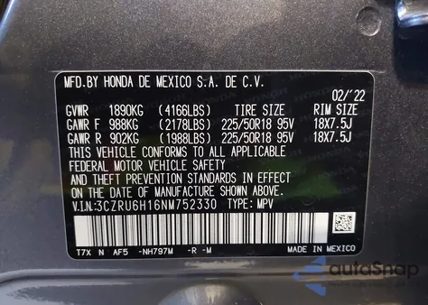 2022 Honda Hr-V Awd Sport из США, поврежденный, VIN 3CZRU6H16NM752330